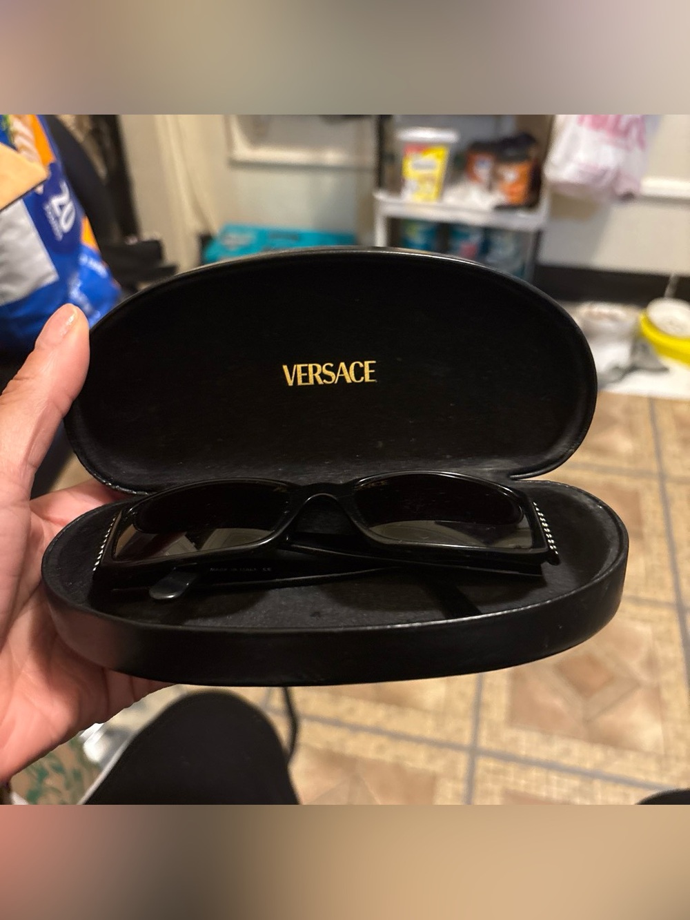 Versace Men's Black Rectangular Sunglasses with Logo Case